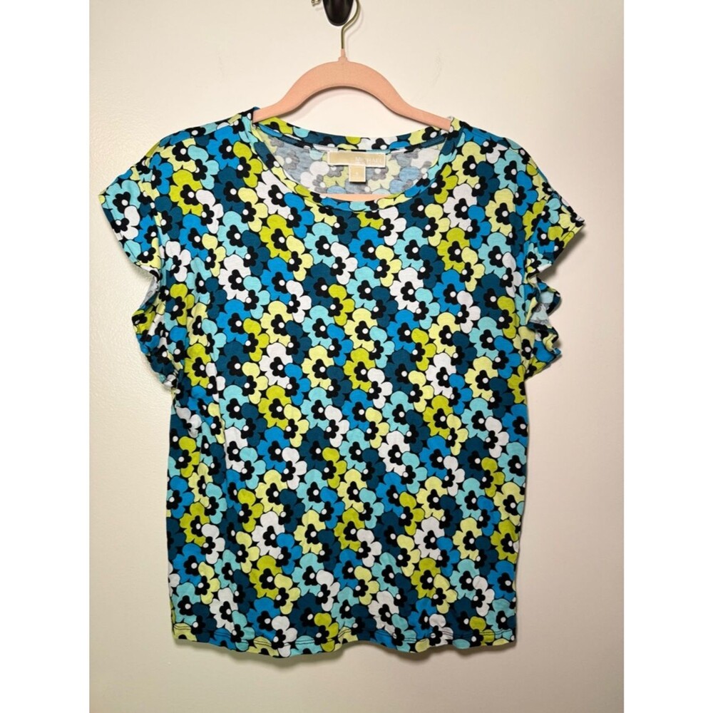 Michael Kors Floral Ruffle Sleeve Blue Aqua Lime Botanical Resort Vacation Top